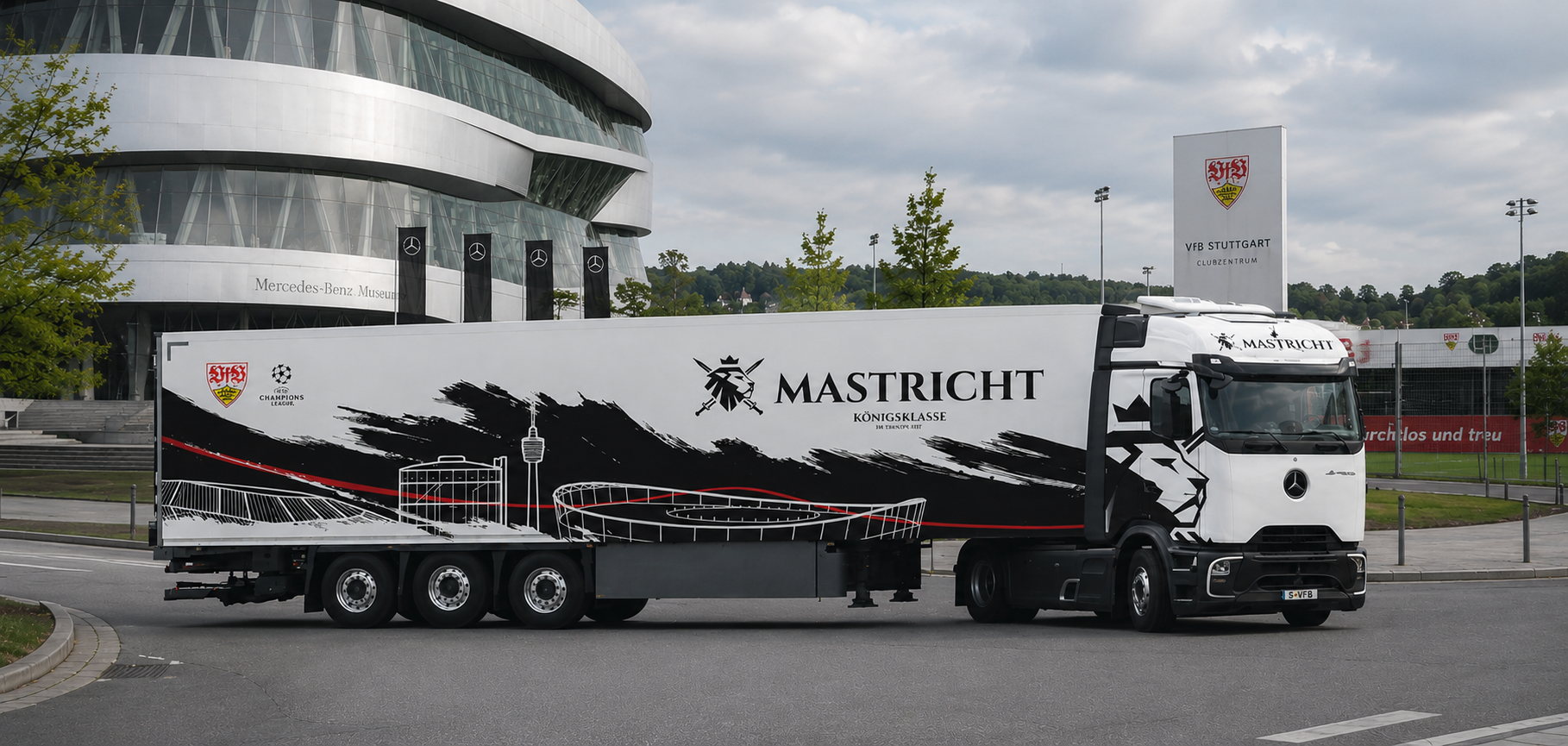 Sattelzug der Spedition Mastricht vor dem Mercedes-Benz-Museum in Stuttgart